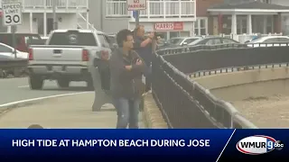 High tide Waves crash ashore at Hampton Beach with Jose offshore