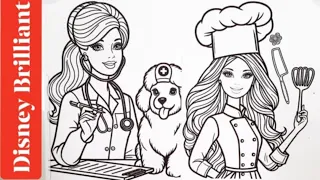 Coloring Barbie Careers 👩‍⚕️🎨💻👩‍🍳 | Barbie Vet, Painter, Tech & Chef Coloring Fun! Disney Brilliant