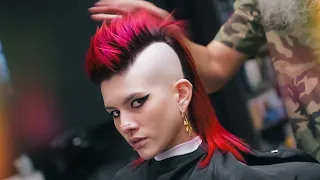 Women s fire red mohawk Transformation Wild hairstyle makeover