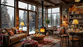 Winter Cabin Ambience On A Snowy Day Nature Scenery Fireplace Sound Piano Jazz Music For Relax 