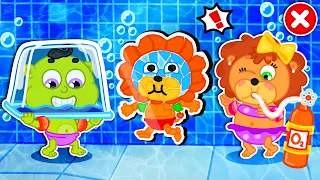 Família Leão Português | As crianças estão se divertindo na piscina | Vídeo para crianças