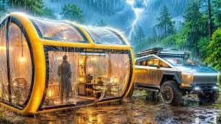 HEAVY RAIN CAMPING ⛈️ NEW INFLATABLE TENT WITH TESLA CYBERTRUCK