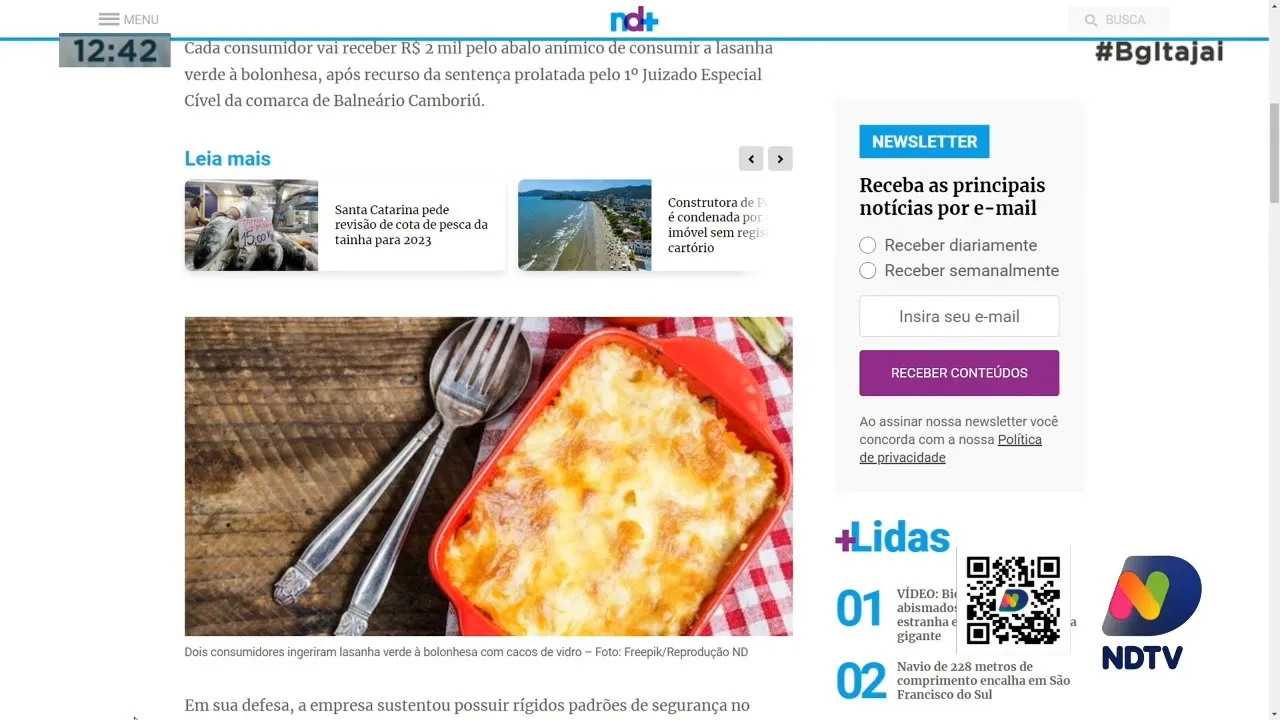 Dois consumidores foram indenizados em Balneário Camboriú por comerem um lasanha com cacos de vidro