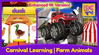 Learn Animal Names and Sounds with Monster Trucks at the Carnival | Enhanced 4K Version