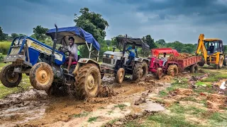 3 tractor pulling together mahindra 275 di stuck in mud eicher 485 swaraj tractor tractor video