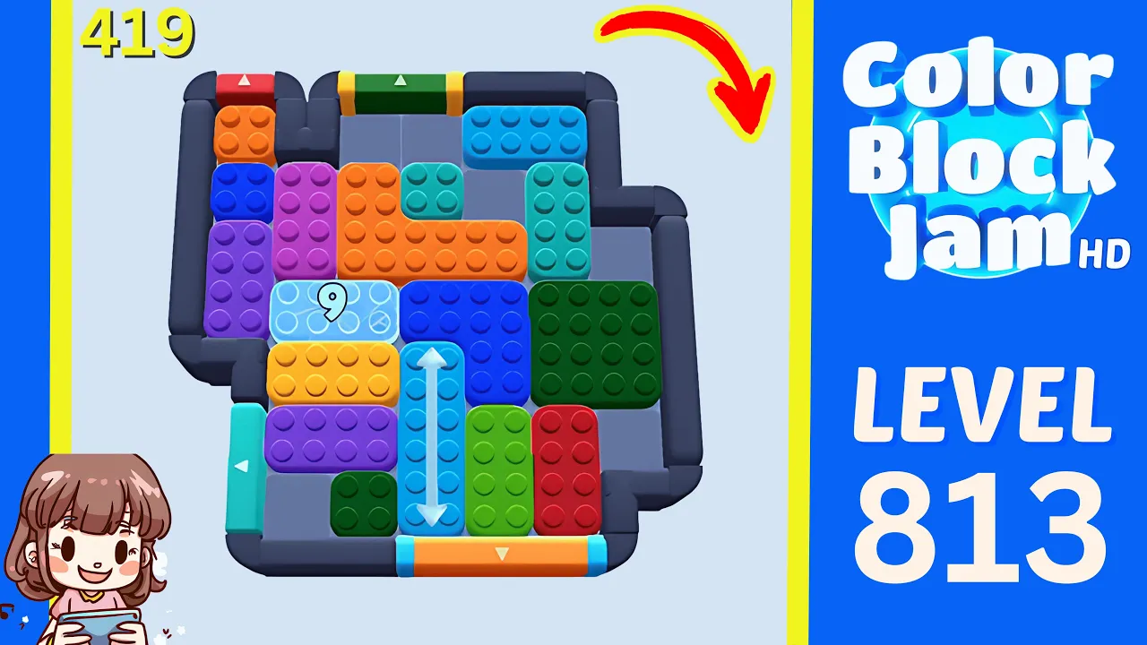 Color Block Jam Level 419 historical Level 813, counter-9 cyan arrow board opening frame