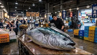The incredible giant bluefin tuna catch and breakdown process #SeafoodLover #SashimiMaster #ChefLife