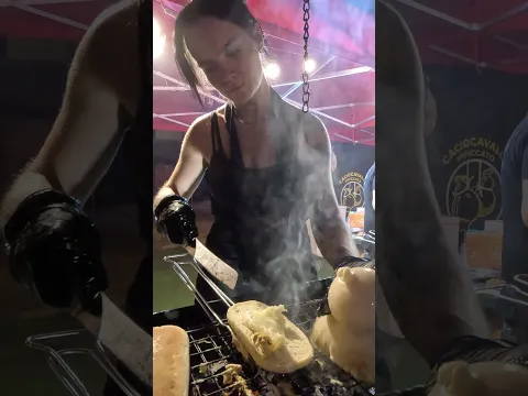 Hanging Caciocavallo Cheese Melted of Big Sandwiches. Italy Street Food