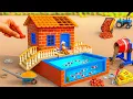 DIY Construction Science Project - Building a Modern 2-Story House Fireproof Pool with Strong Brick