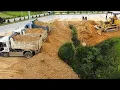 Download Lagu Wonderful teamwork! Dump truck pouring soil into deep land with Bulldozer Clearing
