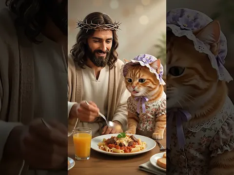 Jesus is feeding the kitten