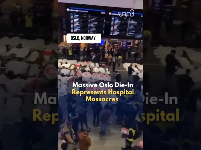 ⁣Protesters re-enact the massacres on Gazan hospitals at the Oslo Central Station in #norway
