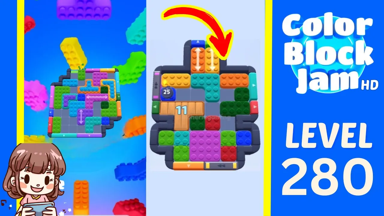 Color Block Jam Level 280 2:10 oval board with 25-and-11 countdowns opening frame