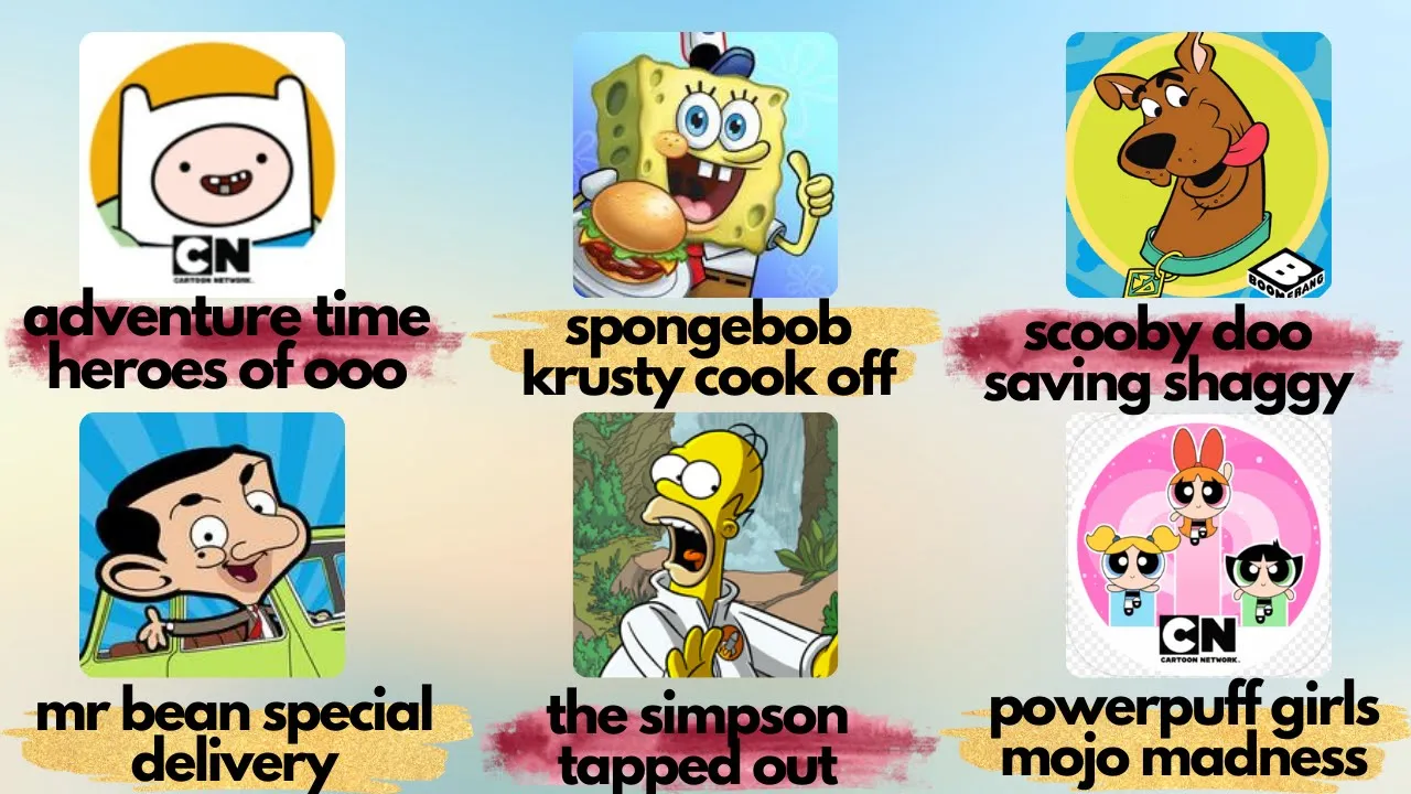 adventure time heroes of ooo,spongebob krusty cook of,scooby doo,mr bean,the simpson,powerpuff girls
