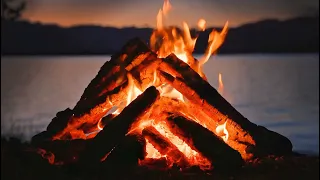 Live - Crackling Campfire at the Lake with Chirping Crickets at Dusk