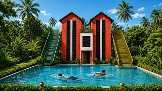 Tropical Pool House With Twin Water Slides