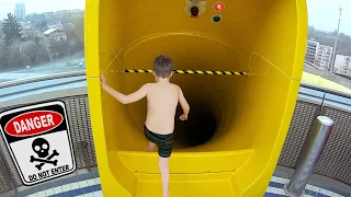 he snuck into a BANNED water slide..