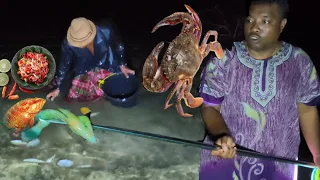 chase with fish in the darkness of the night catch crabs and various types of marine life 