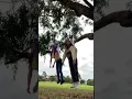 two girls hanging from a tree in public