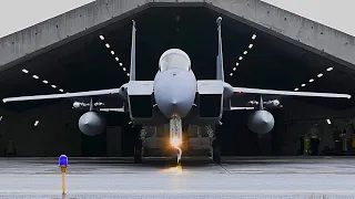 Fast takeoff of US Air Force F-15 Eagle fighters from an air base in Iceland
