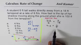 6 ft tall students walk away from light 18 ft on wall find rate of change of shadow tip