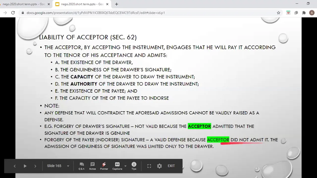 Liabilities, Presentment for Acceptance, Acceptance, Presentment for Payment