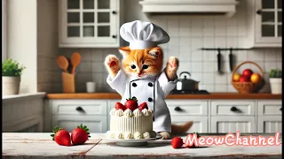 The kitten is making a strawberry cake. 🍓🎂🐱