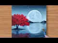 Download Lagu Red Tree | Black \u0026 White Painting | Full Moon Acrylic Painting for Beginners