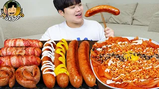 ASMR MUKBANG 직접 만든 대왕 소세지 불닭볶음면 핫도그 쉬림프링 먹방 & 레시피 FIRE NOODLES AND SAUSAGE EATING SOUND!
