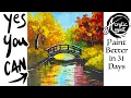 Autumn Bridge landscape How to Draw and Paint tutorial for Beginners Acrylic August Day