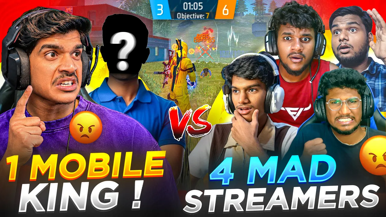 1 MOBILE KING👑 vs 4 MAD😡 STREAMERS  | NEW LEGEND 😨 | 1 v 4 🔥 | FREE FIRE  TELUGU #dfg #freefire