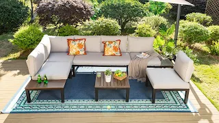 PHI VILLA 6-Piece Patio Iron Frame Sectional Sofa Conversation Set With Cushions