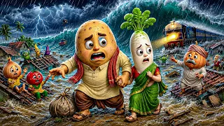 🌊 बाढ़ में डूबा आलू-मूली का गांव, फिर दोनों ने जो किया वो दिल छू जाएगा! 😢❤️ #vegetablestory 
