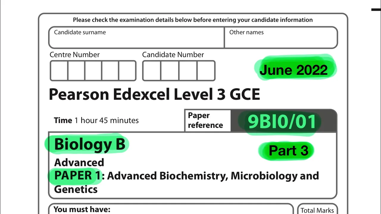 Pearson Edexcel level 3 GCE biology B. 9BIO/01. June 2022. Part 3 of 3
