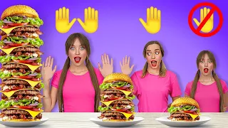 تحدي استخدام يدين أو يد واحدة مقابل لا شيء طبق صغير مقابل طبق كبير 100 طبقة من الطعام 