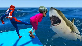 spiderman and scary teacher shark battle in the sea game animation