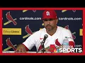 St Louis Cardinals manager Oli Marmol talks with media after Opening Day win over Rays