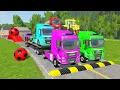 Lagu Triple Flatbed Trailer McQueen Transportation with Truck - Speedbumps vs Cars vs Train - BeamNG #