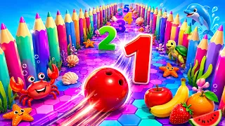 🎳🌈 Bowling Ball Space Adventure Smashes Kinetic Sand! Fruits, Sea Animals & Numbers 1–100 for Kids