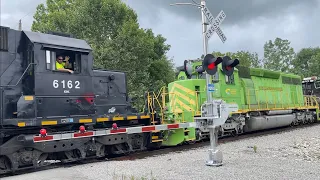 2 Locos Lead LHF Engineer Waves Big Weird Machine Load On Norfolk Southern Terrible Storm Damage
