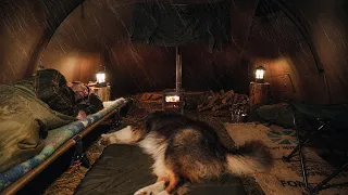 A Man and His Dog Caught in Heavy Rain | Hot Tent Camping (Cinematic ASMR)