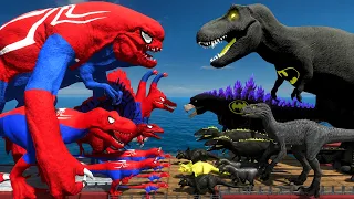 Spiderman D-Rex vs Batman T-Rex Dinosaurs Bridge Challenge Animal Revolt Battle Simulator