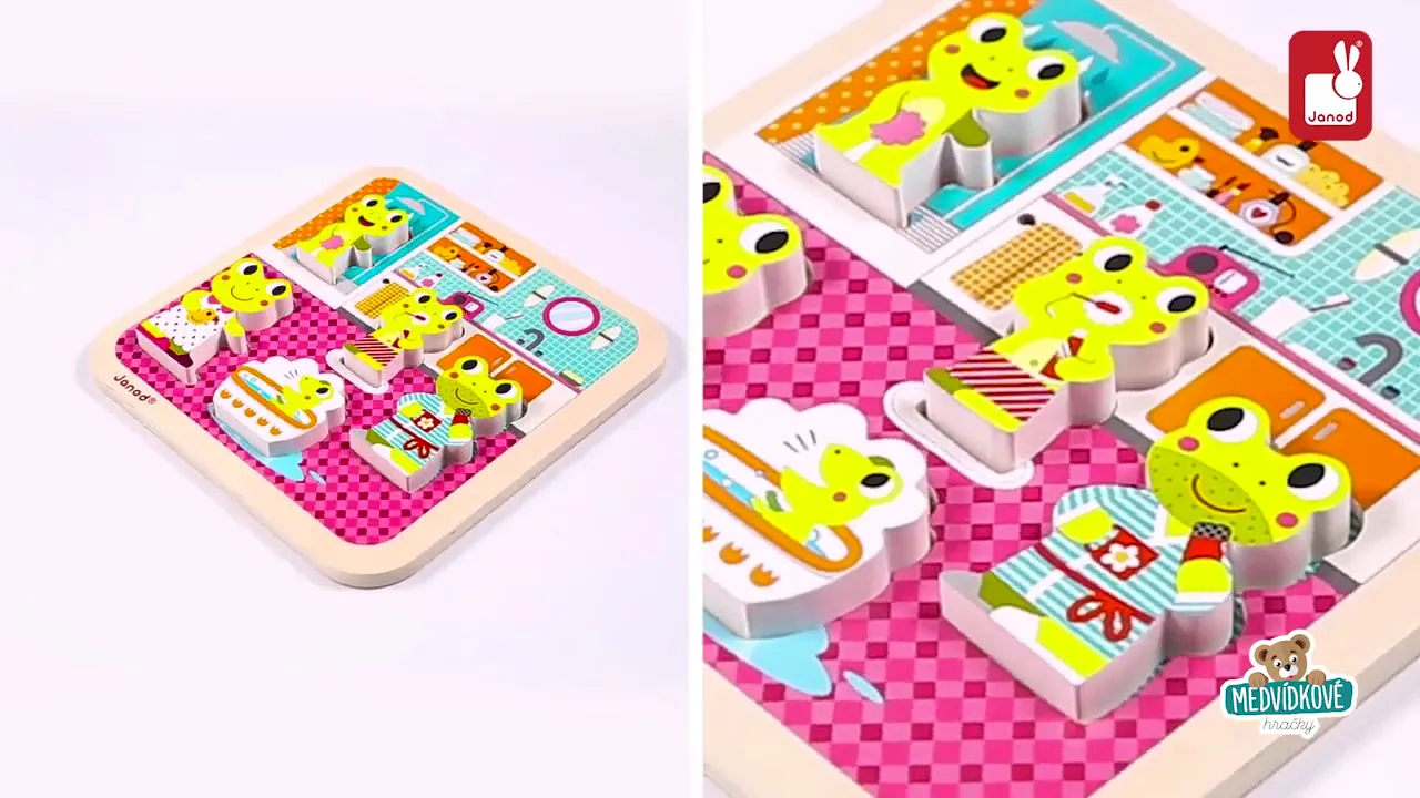 Puzzle pro nejmenší - Dřevěné puzzle pro nejmenší Žabky v koupelně Janod - 4