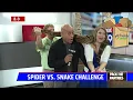 Britt holds a snake and a spider for Pack the Pantries