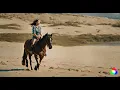 Adorable beautiful brunette riding a horse on a sandy beach on a sunny day