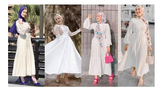 لعشاق اللون الأبيض  تنسيقات ملابس محجبات لصيف      باللون الابيض   دندنها