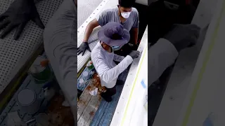 Hard at work strengthening the trampoline… 🛠️ #sailingfamily #boatwork