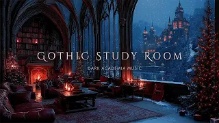 Cozy Winter Study Room Gothic Ambience with Fireplace Snowfall Dark Academia Music for Studying