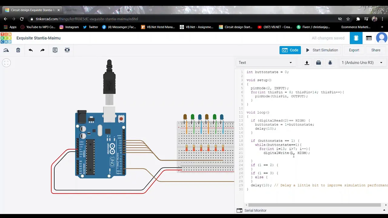 Arduino in Tinkercad: Series LEDs, Breadboard, PushButton "if else statement, Nested Loop"