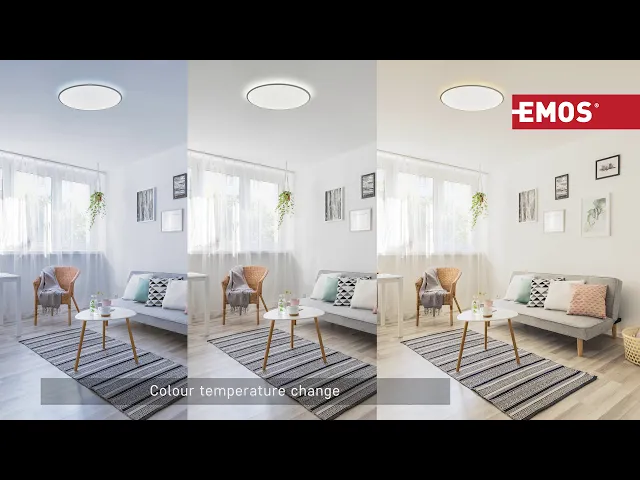 Плафон LED DN360 24W CCT 1920lm 115° димируем с ДУ 25000h IP20 ALVI EMOS, ZM5165, показващ смяна на цветна температура.